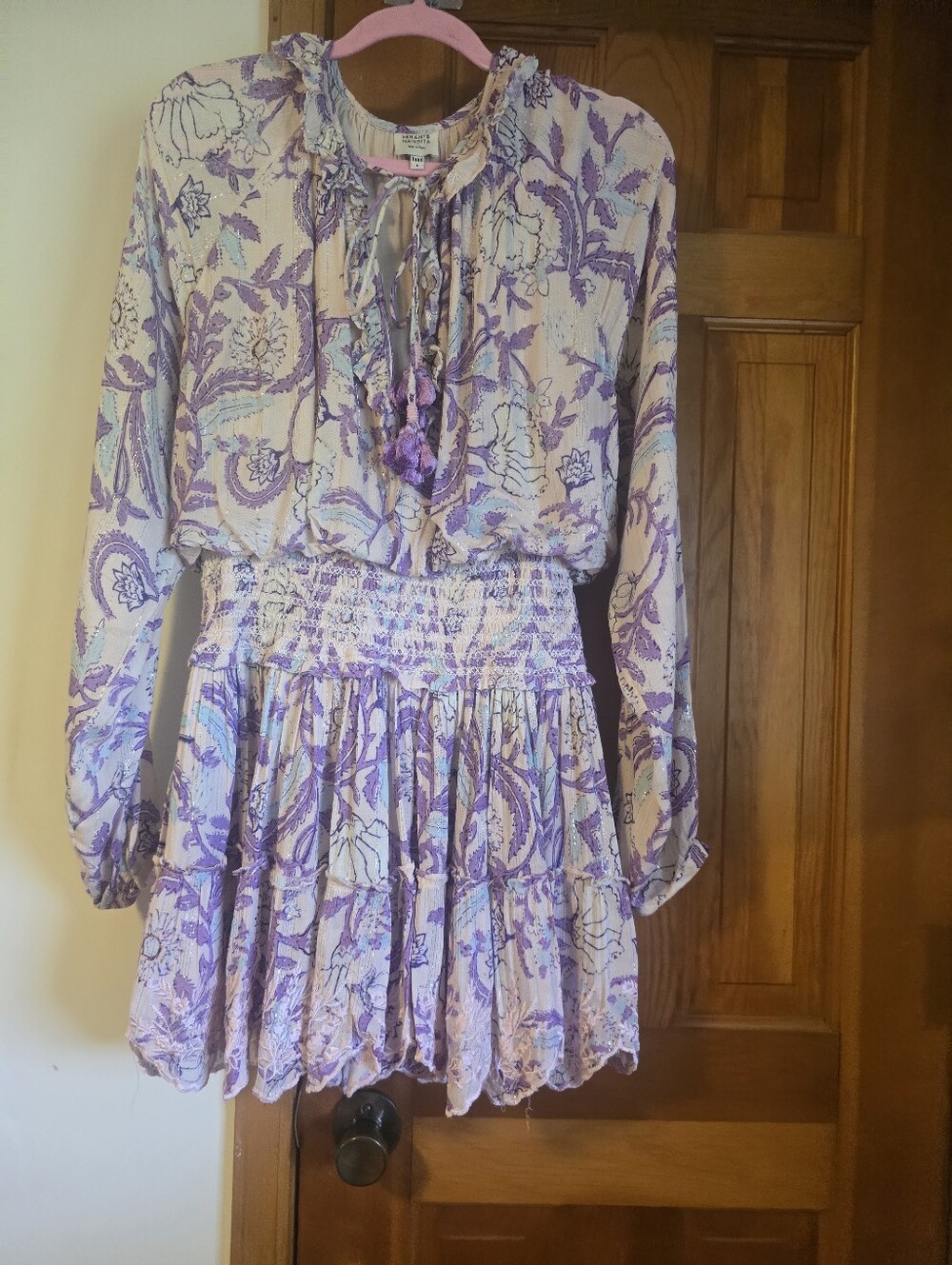 HEMANT & NANDITA Cream Floral Mini Dress with Purple Accents